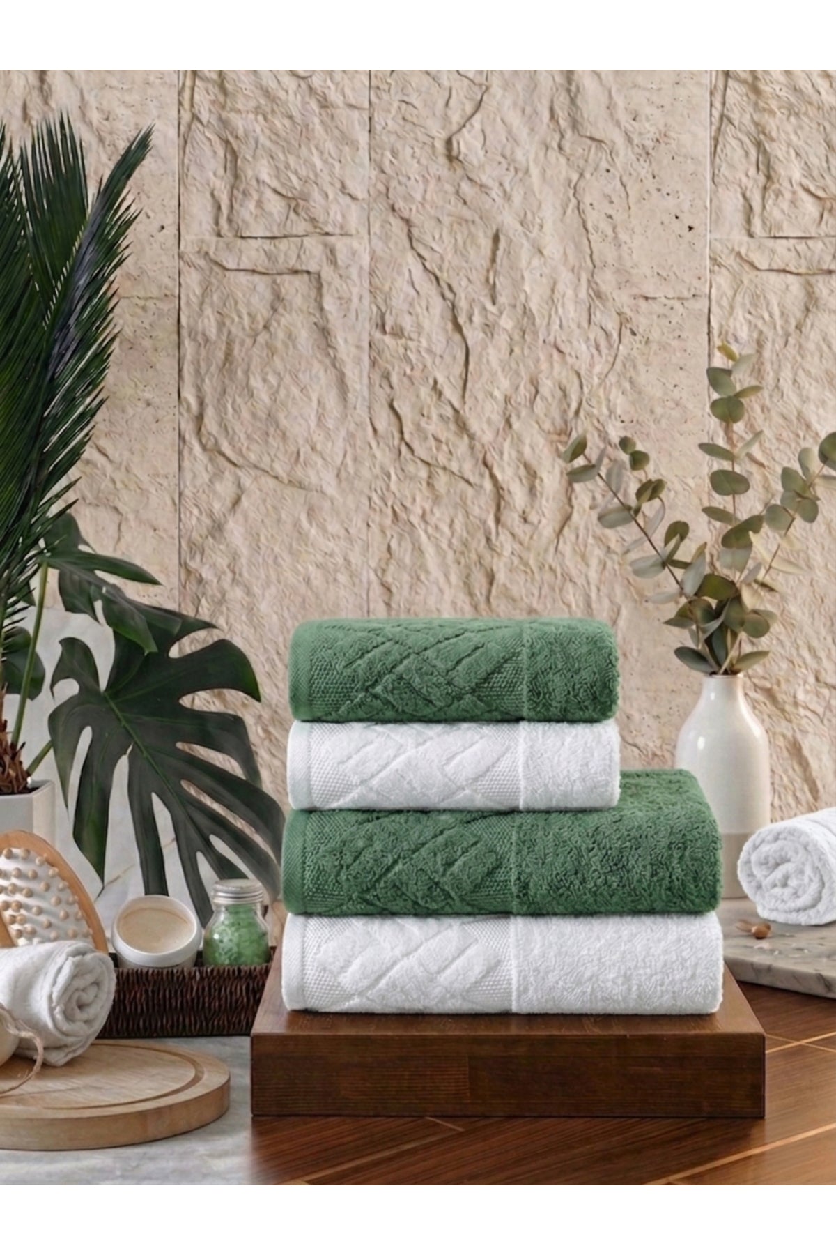 4 Parça 4'lü Jakarlı Kadife Banyo Havlu Seti|Hamam Takımı|Bej-Bordo