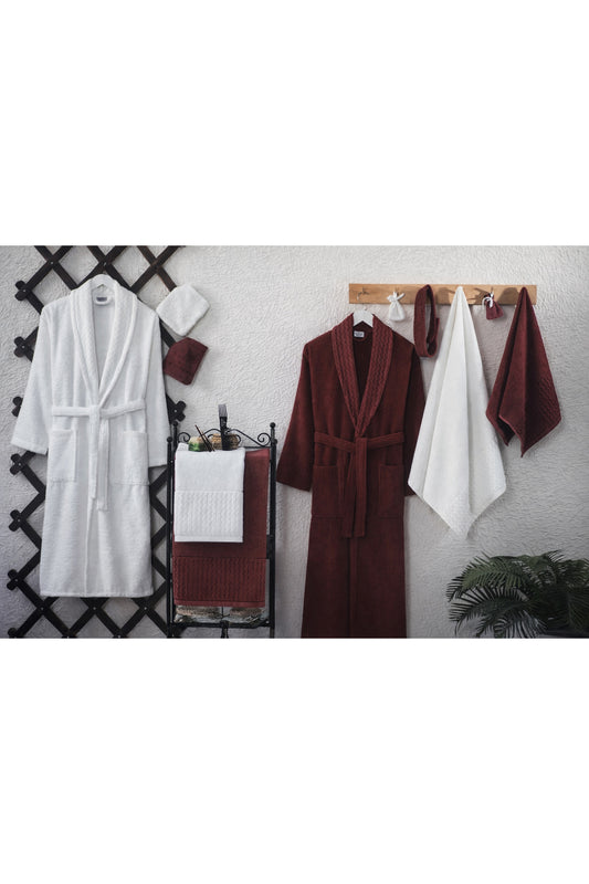 Zarafet 15 Parça Kadife Bornoz Seti Çift Kişilik | Luxury Gift Set | Çeyizlik Aile Banyo Seti Bej-Krem