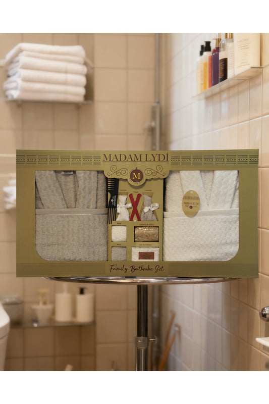 Zarafet 15 Parça Kadife Bornoz Seti Çift Kişilik | Luxury Gift Set | Çeyizlik Aile Banyo Seti Bej-Krem