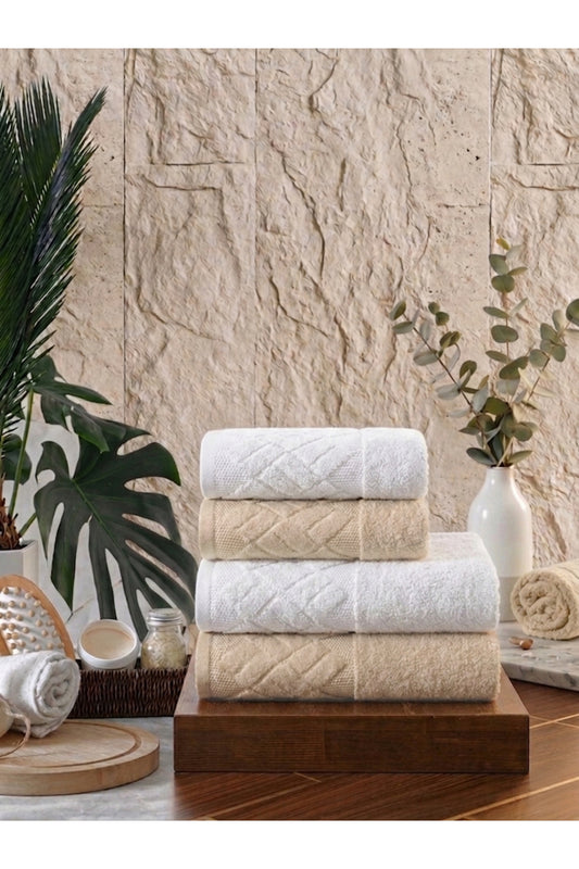 4 Parça 4'lü Jakarlı Kadife Banyo Havlu Seti|Hamam Takımı|Bej-Bordo