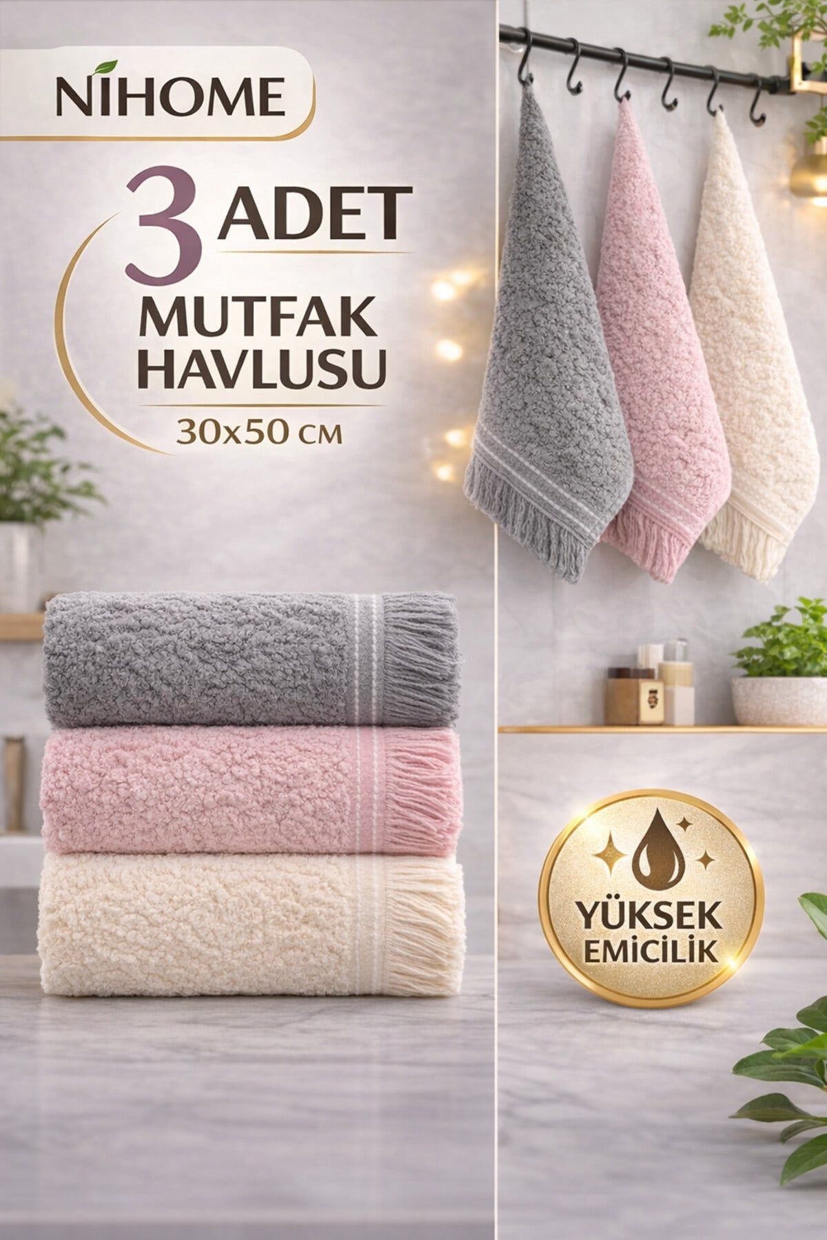 3 Adet Mutfak Havlusu 30x50 Cm | Kurulama Bezi | Sepette | Pamuk El Havlusu Seti | 6 Renk