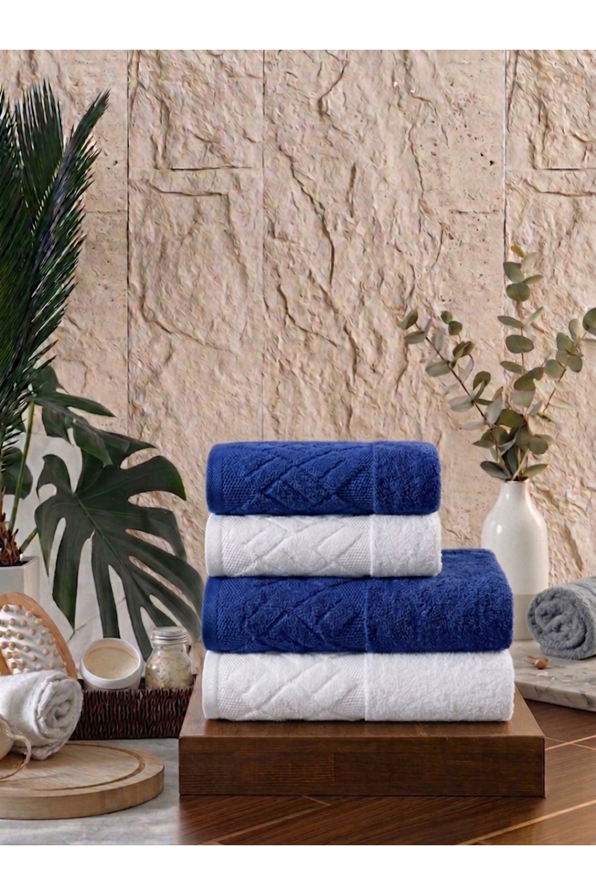 4 Parça 4'lü Jakarlı Kadife Banyo Havlu Seti|Hamam Takımı|Bej-Bordo
