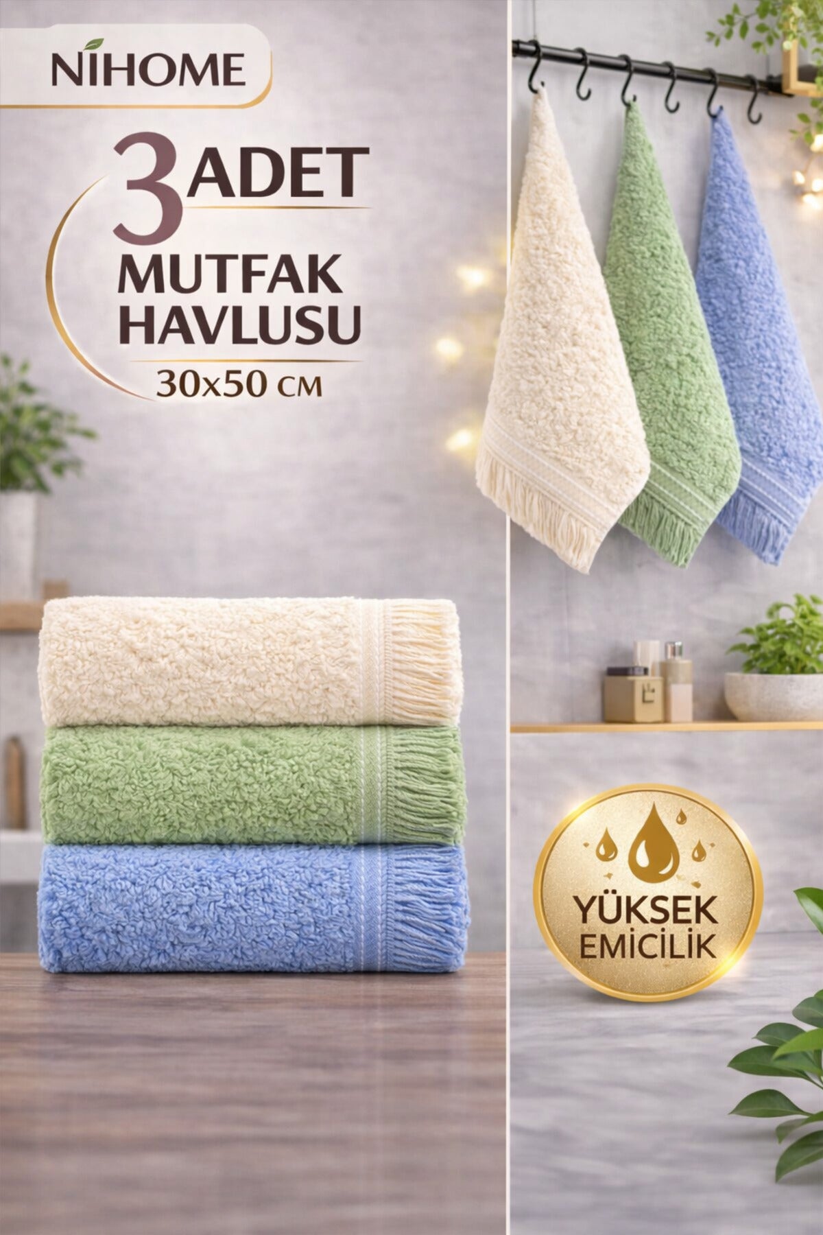 3 Adet Mutfak Havlusu 30x50 Cm | Kurulama Bezi | Sepette | Pamuk El Havlusu Seti | 6 Renk