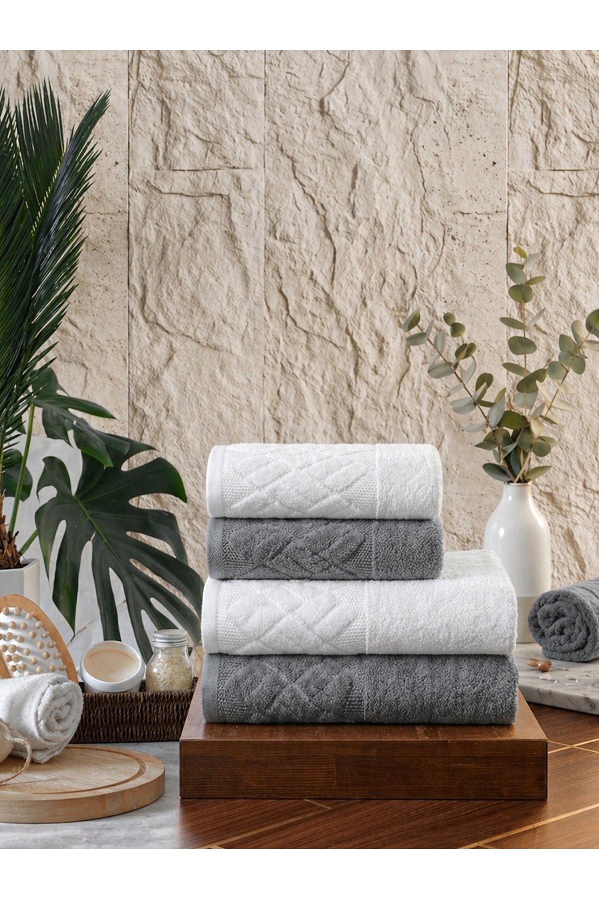 4 Parça 4'lü Jakarlı Kadife Banyo Havlu Seti|Hamam Takımı|Bej-Bordo