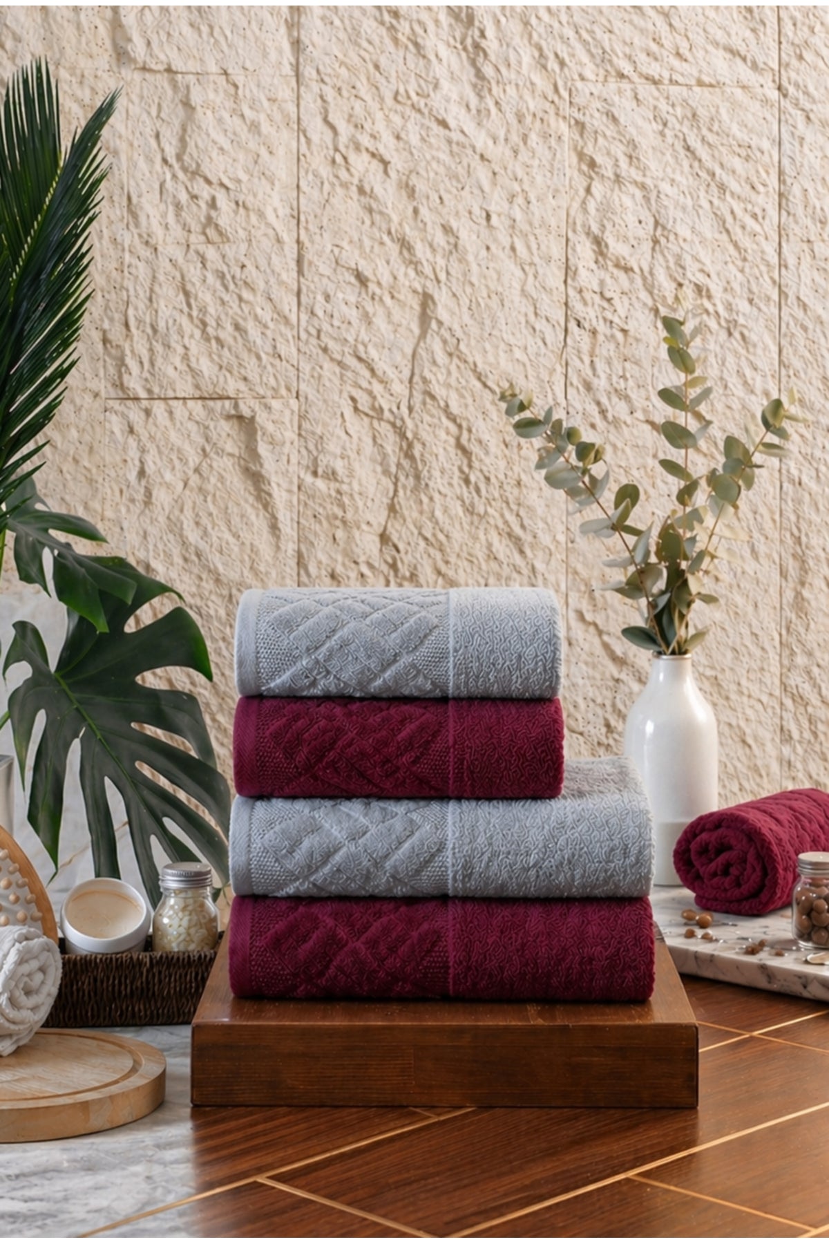 4 Parça 4'lü Jakarlı Kadife Banyo Havlu Seti|Hamam Takımı|Bej-Bordo