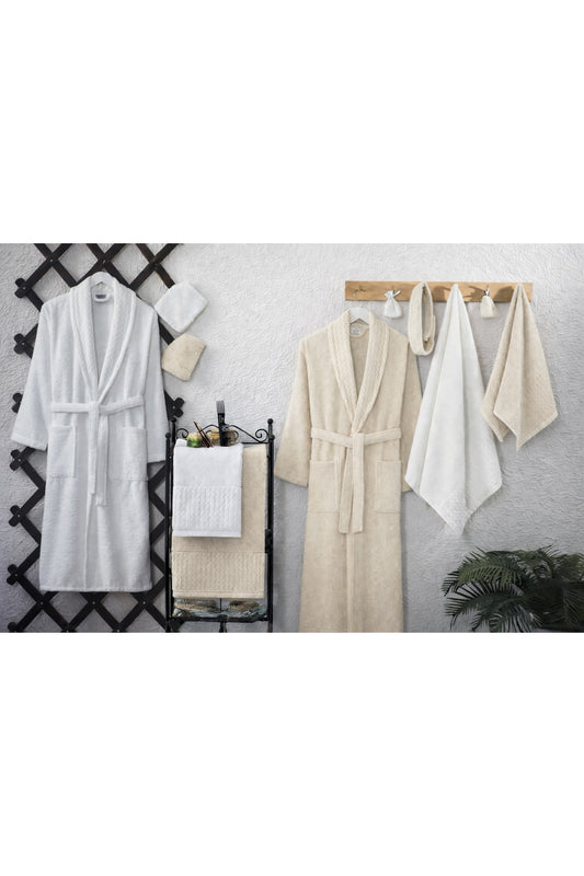 Zarafet 15 Parça Kadife Bornoz Seti Çift Kişilik | Luxury Gift Set | Çeyizlik Aile Banyo Seti Bej-Krem