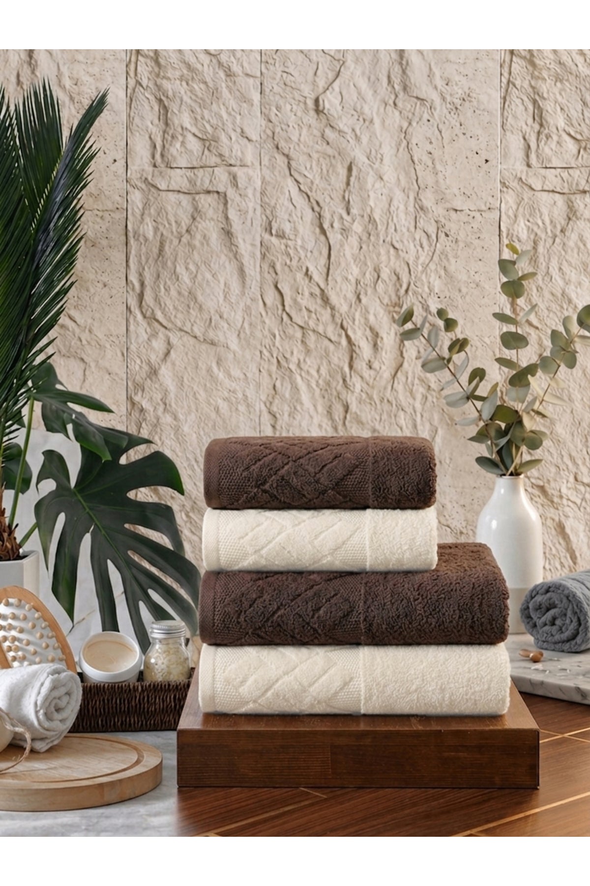 4 Parça 4'lü Jakarlı Kadife Banyo Havlu Seti|Hamam Takımı|Bej-Bordo