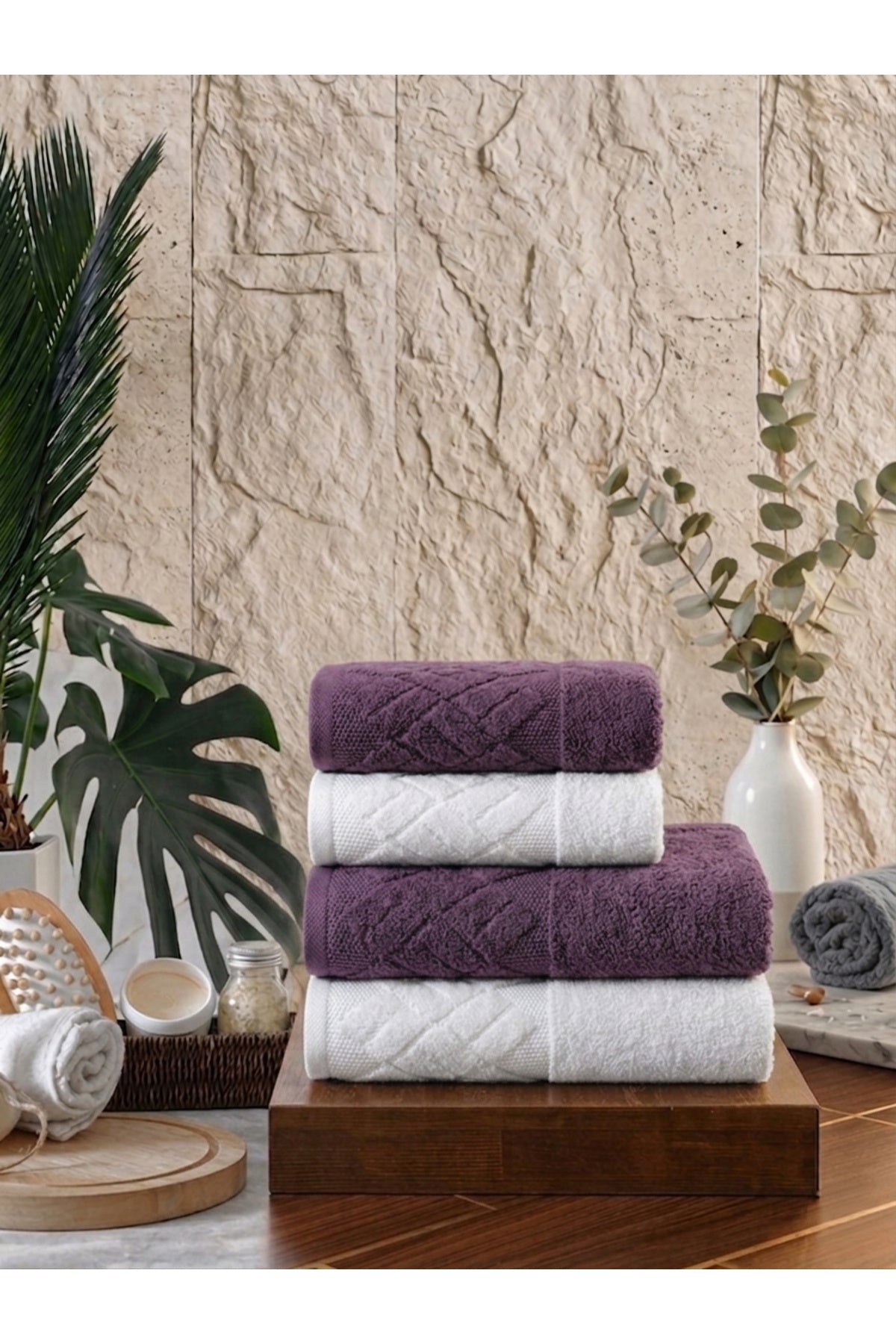 4 Parça 4'lü Jakarlı Kadife Banyo Havlu Seti|Hamam Takımı|Bej-Bordo