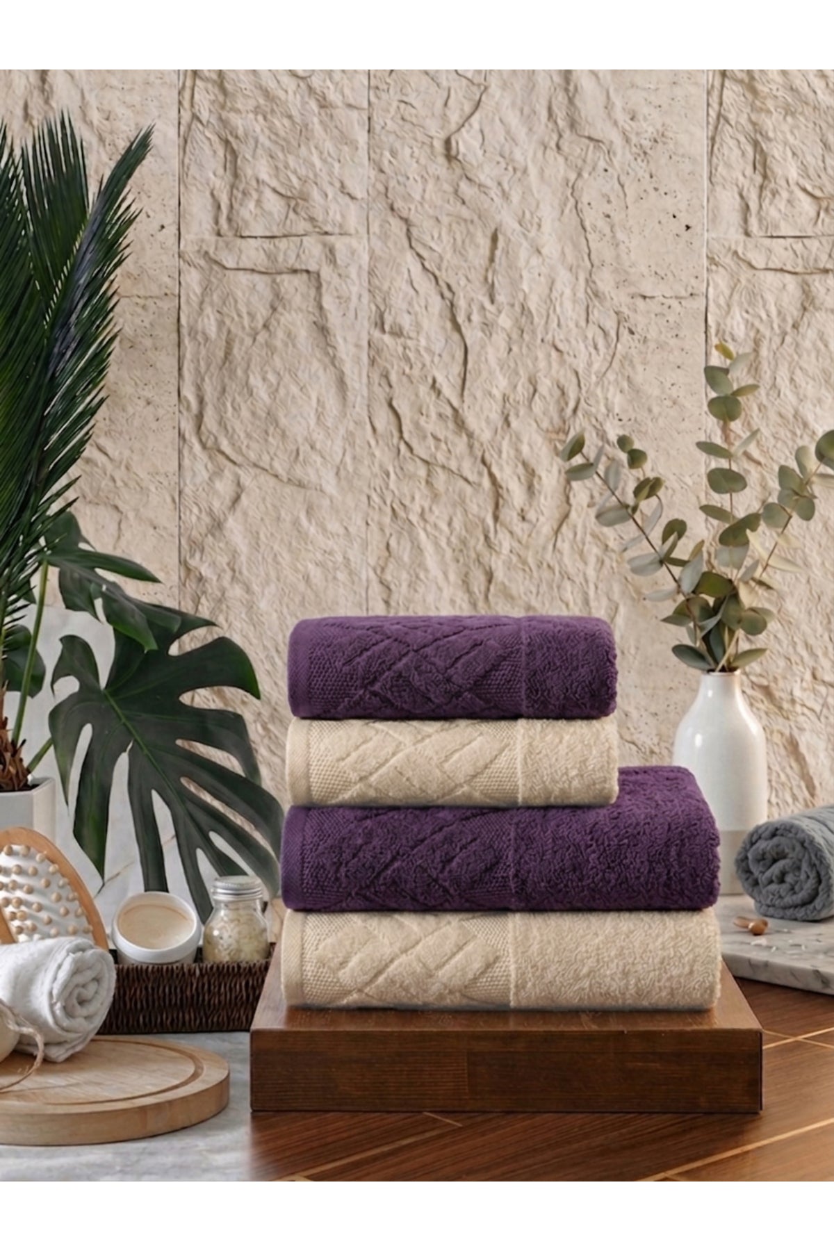 4 Parça 4'lü Jakarlı Kadife Banyo Havlu Seti|Hamam Takımı|Bej-Bordo