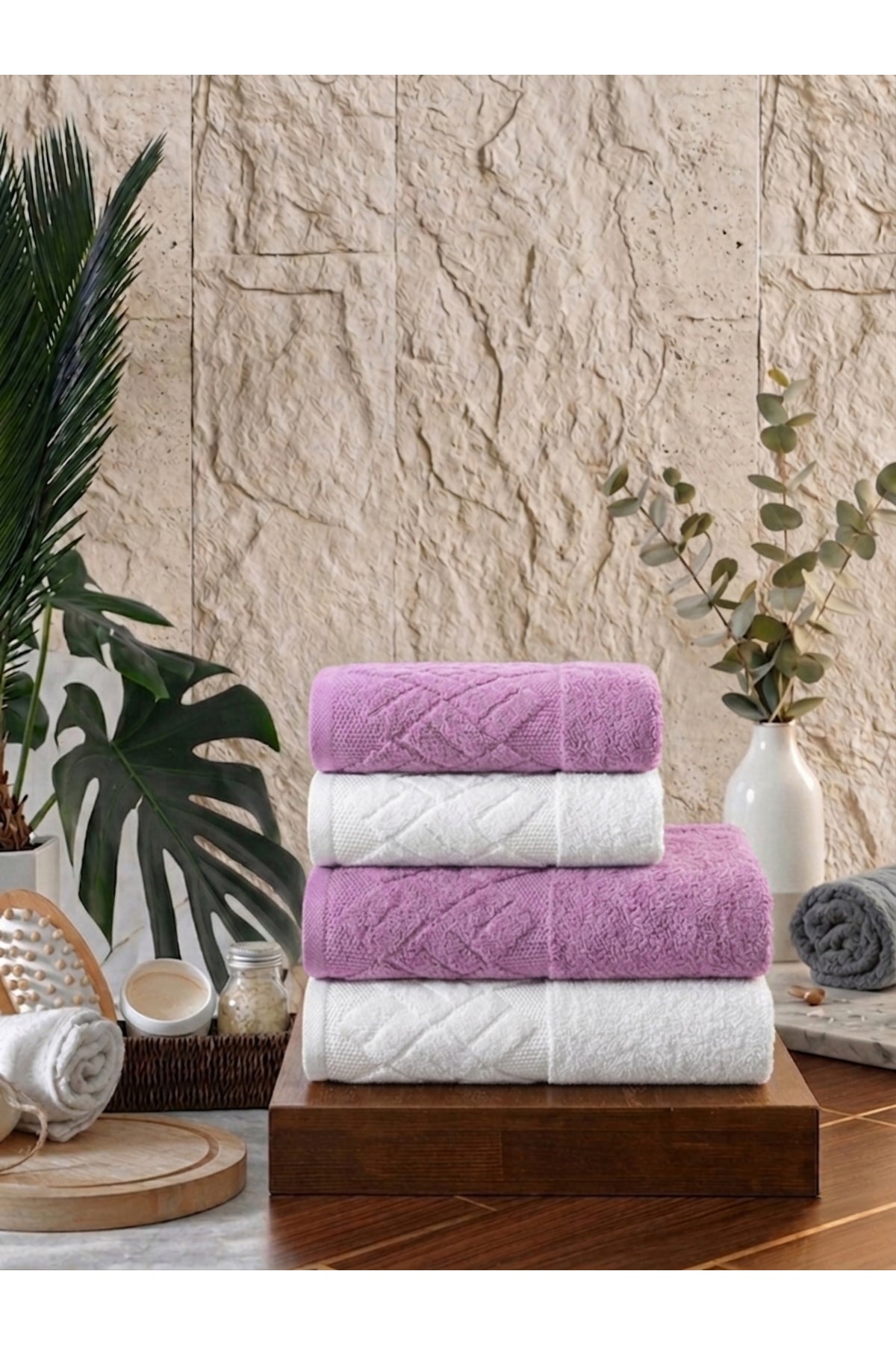 4 Parça 4'lü Jakarlı Kadife Banyo Havlu Seti|Hamam Takımı|Bej-Bordo