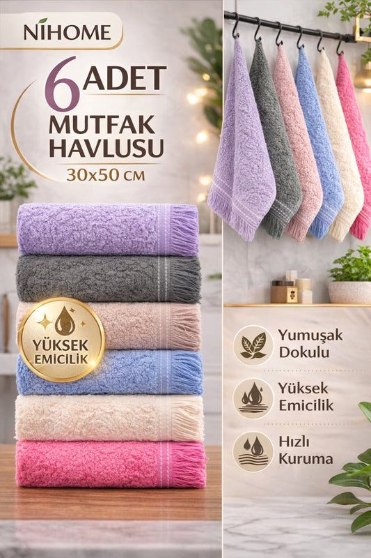6 Adet Mutfak Havlusu 30x50 Cm | Kurulama Bezi | Sepette | Pamuk El Havlusu Seti | 6 Renk
