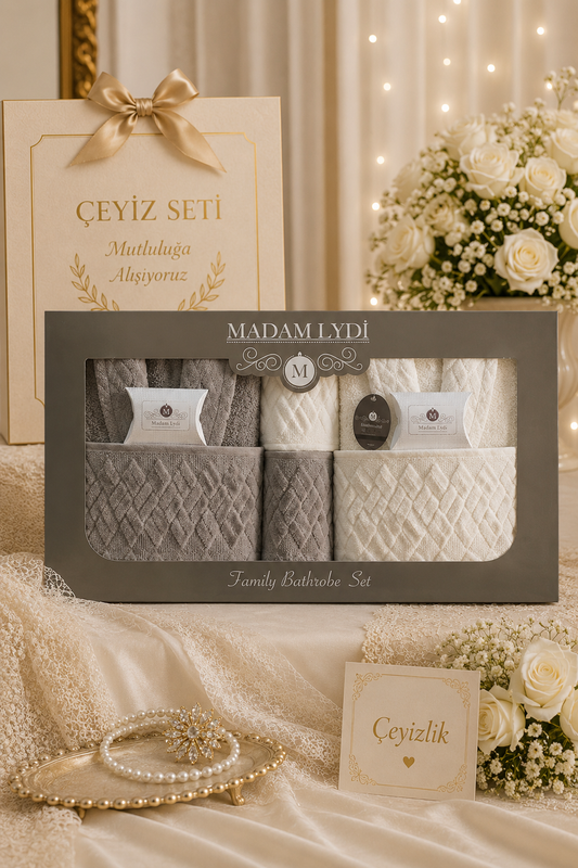 Damla 8 Parça Kısmi Kadife Bornoz Takımı|Aile Bornoz Seti|Çeyizlik Bornoz Seti|Kutulu|Bej-Krem